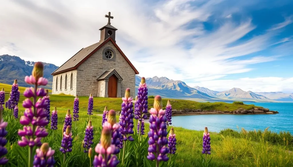 Church of the Good Shepherd at Lake Tekapo with lupine flowers in the foreground