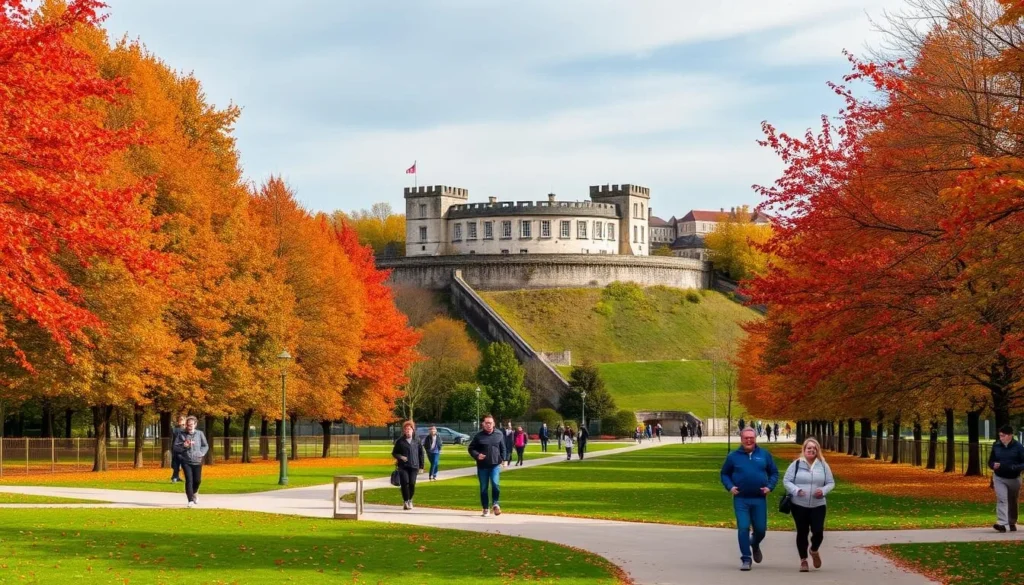 Citadelle de Lille park in autumn with colorful foliage and people walking