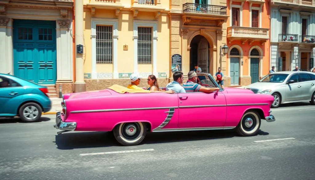 Classic American convertible taxi driving tourists through Havana's historic district