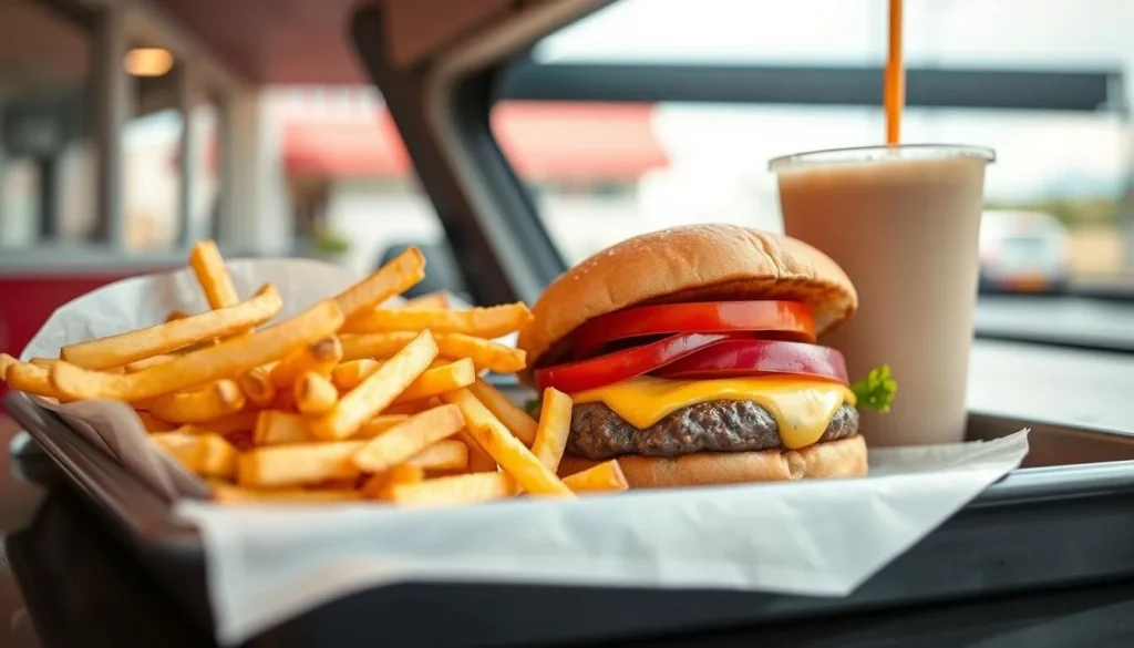 Classic burger and fries meal from a drive-in restaurant in Anna, Texas