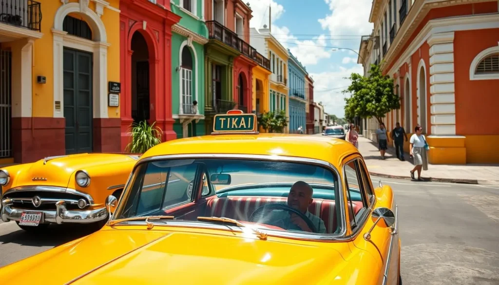 Classic vintage car taxi in Jiguani with colorful colonial buildings in the background