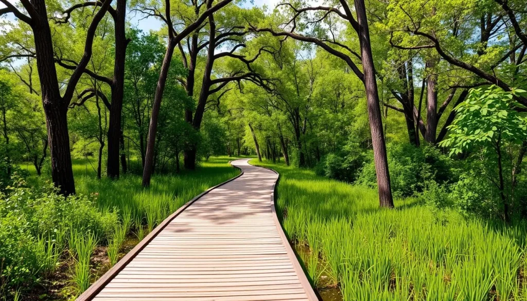 Clear Creek Natural Heritage Center trails with lush greenery and wooden boardwalk