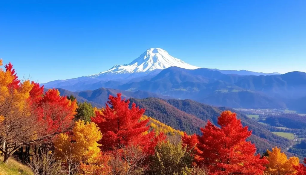 Clear autumn view of Gangkhar Puensum with colorful fall foliage in foreground and clear mountain visibility
