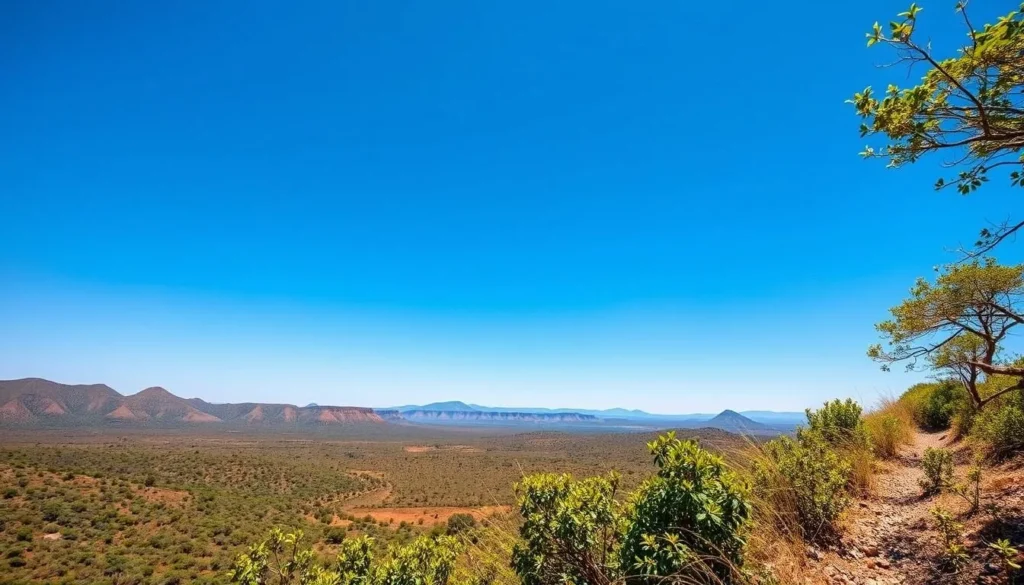 Clear sunny day in Zahamena National Park during dry season showing lush vegetation and blue skies