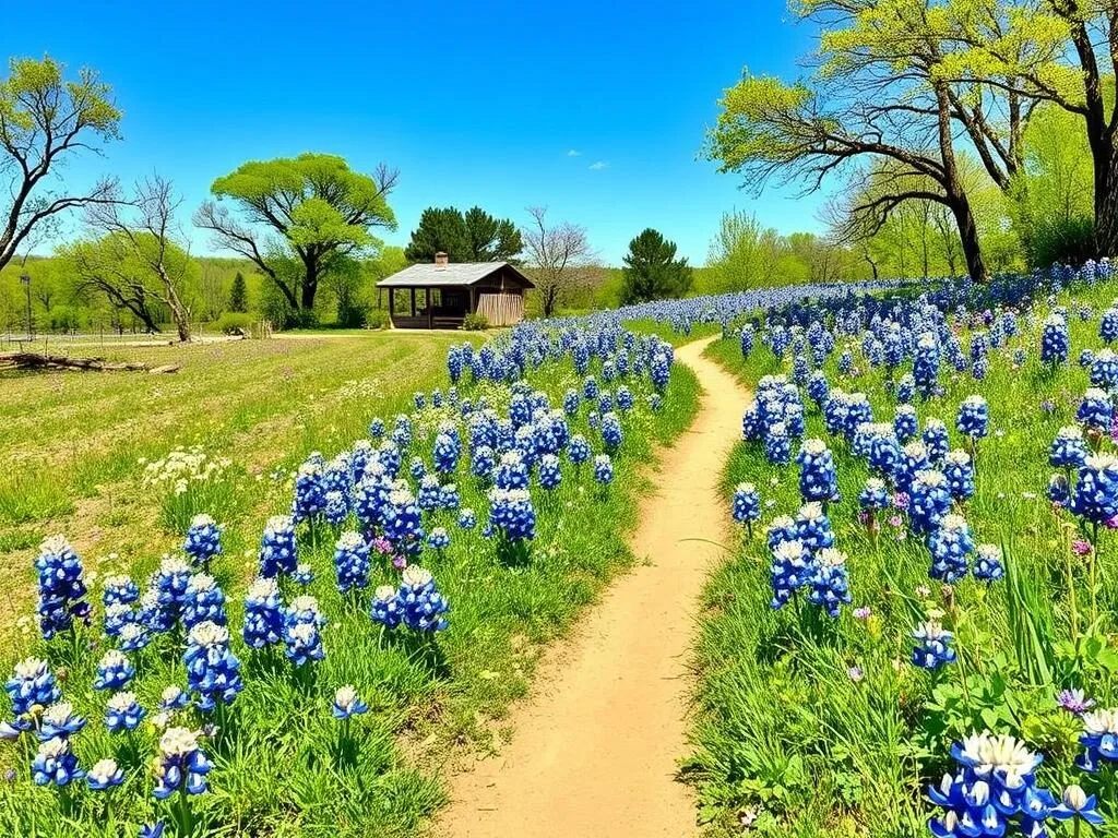 Cleburne State Park in spring with wildflowers blooming along hiking trails
