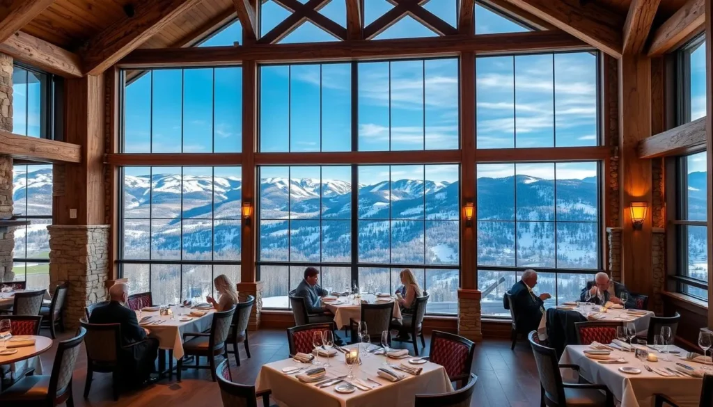 Cliff House Restaurant at Stowe Mountain Resort with panoramic mountain views Cliff House Restaurant at Stowe Mountain Resort with panoramic mountain views