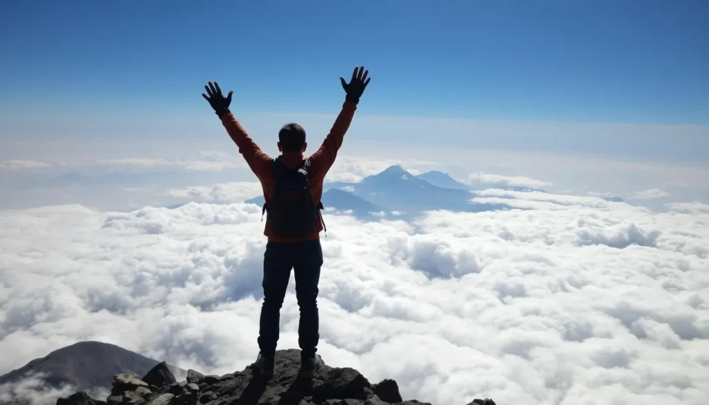 Climber reaching the summit of Sumantri Peak with panoramic views of surrounding mountains