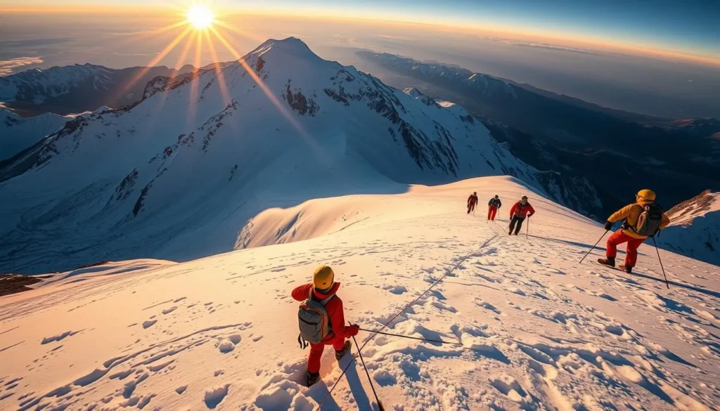 Climbers ascending the Jamapa Glacier on Pico de Orizaba with ice axes and crampons at sunrise