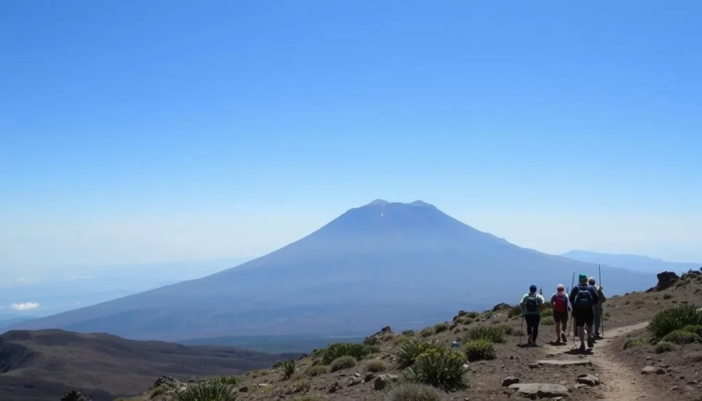Climbers on Mount Semeru trail during dry season with clear blue skies and volcanic landscape