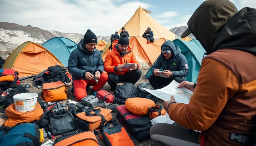 Climbers preparing equipment and checking supplies at Puncak Jaya base camp Climbers preparing equipment and checking supplies at Puncak Jaya base camp