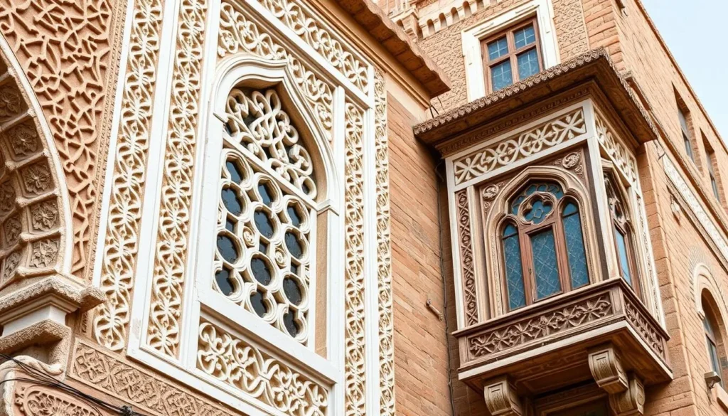 Close-up detail of traditional Yemeni architecture showing intricate white gypsum decorations on mud-brick buildings
