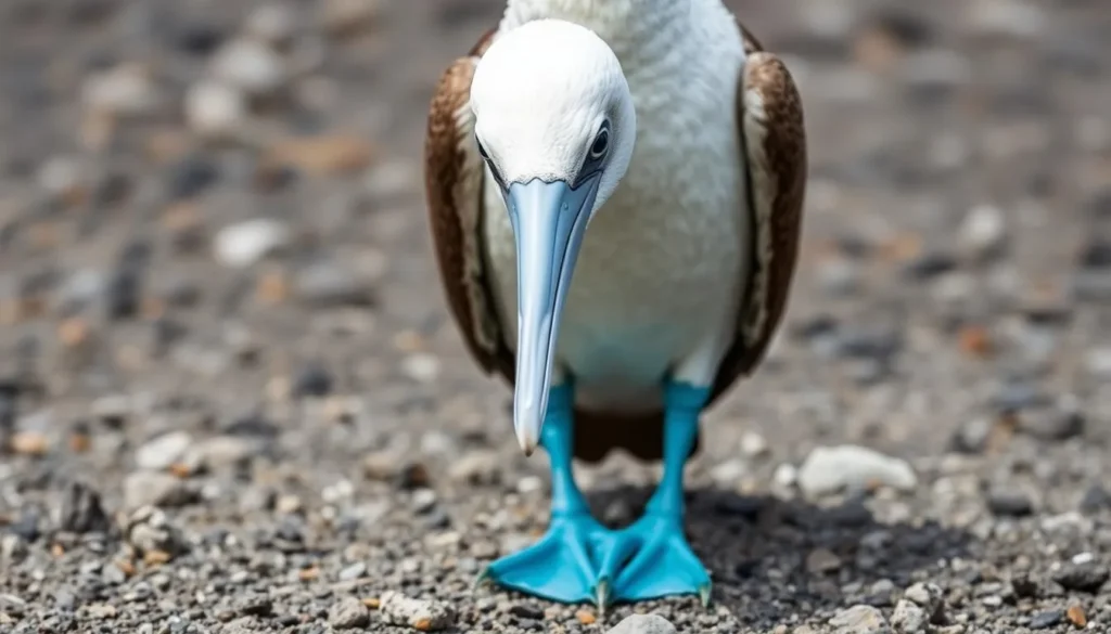 Close-up of a blue-footed booby with bright blue feet on Isla Isabel