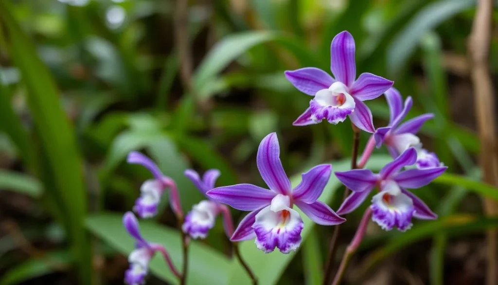 Close-up of colorful orchids growing in the rainforest of Rawa Aopa Watumohai