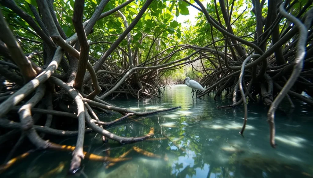 Close-up of mangrove ecosystem at Anne's Beach Islamorada Florida showing wildlife