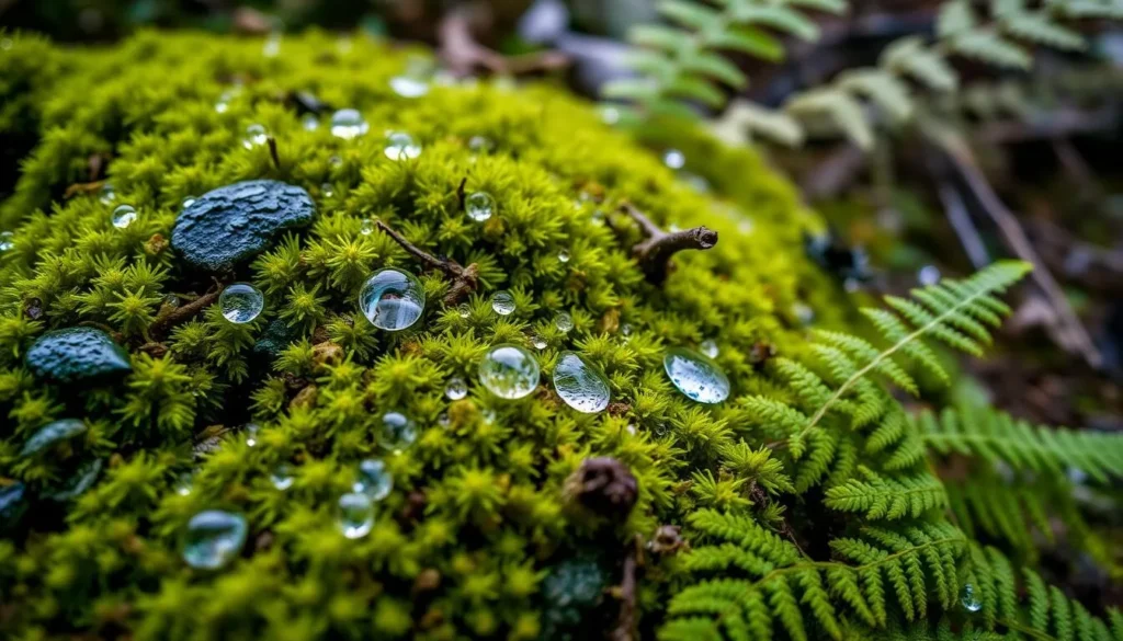 Close-up of moss, lichens and ferns on forest floor in Pumalin Park Chile