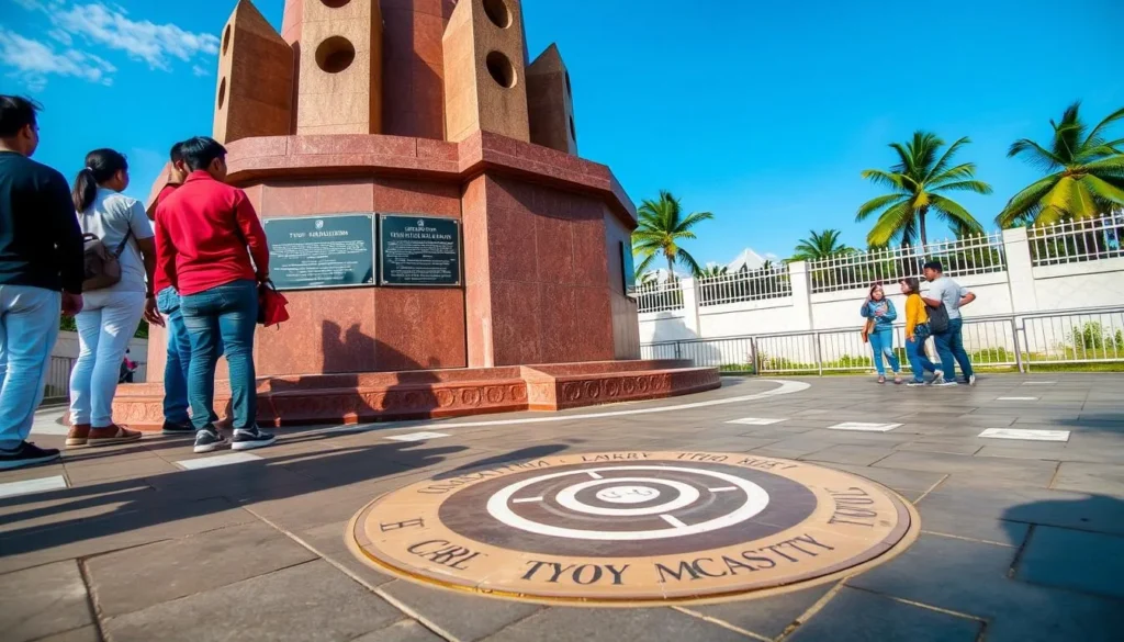 Close-up of the Equator Monument showing the equator line marker and surrounding grounds