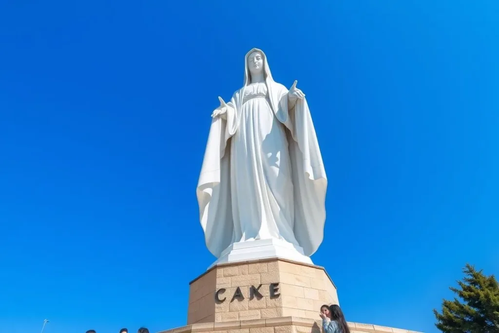 Close-up of the Our Lady of Lebanon statue in Harissa showing the white Madonna statue with arms outstretched