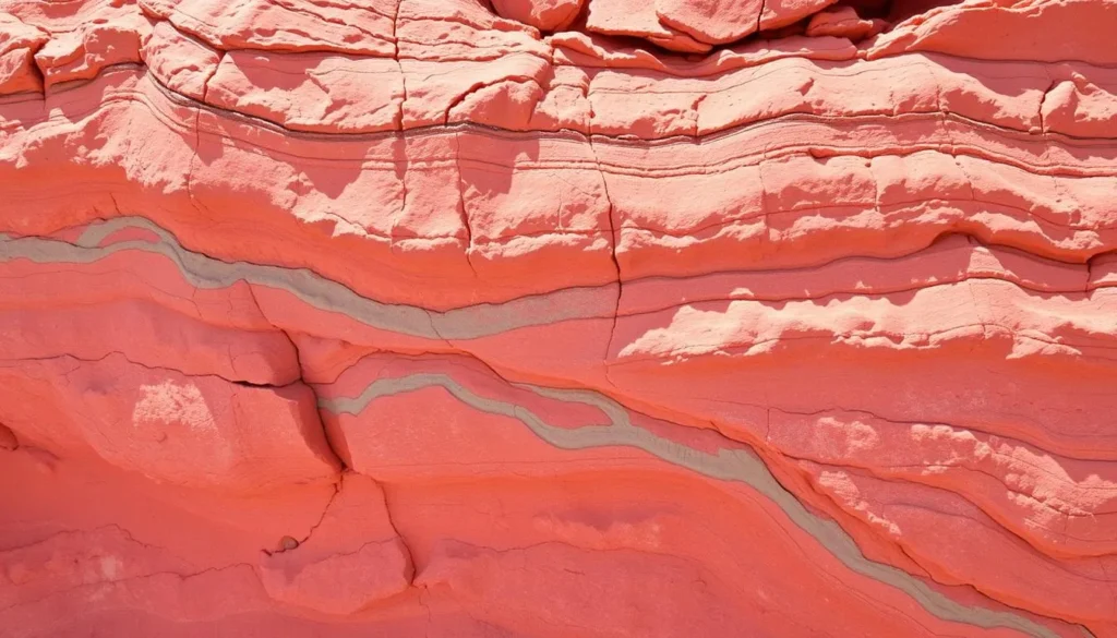 Close-up of the red Queenston shale formations with green bands at Cheltenham Badlands