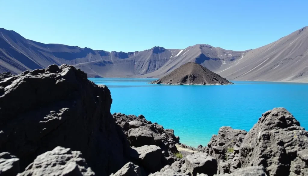 Close-up of the turquoise waters of Laguna del Sol with volcanic rocks in the foreground
