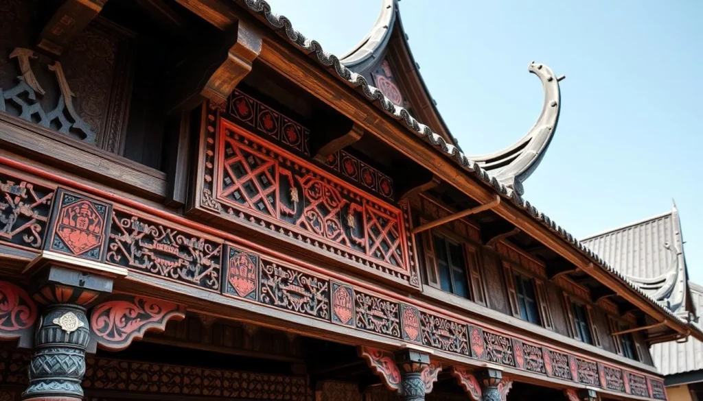 Close-up of traditional Batak house with distinctive boat-shaped roof and intricate carvings
