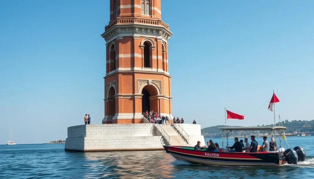 Close-up view of the Kalyazin Bell Tower with tourists approaching by boat