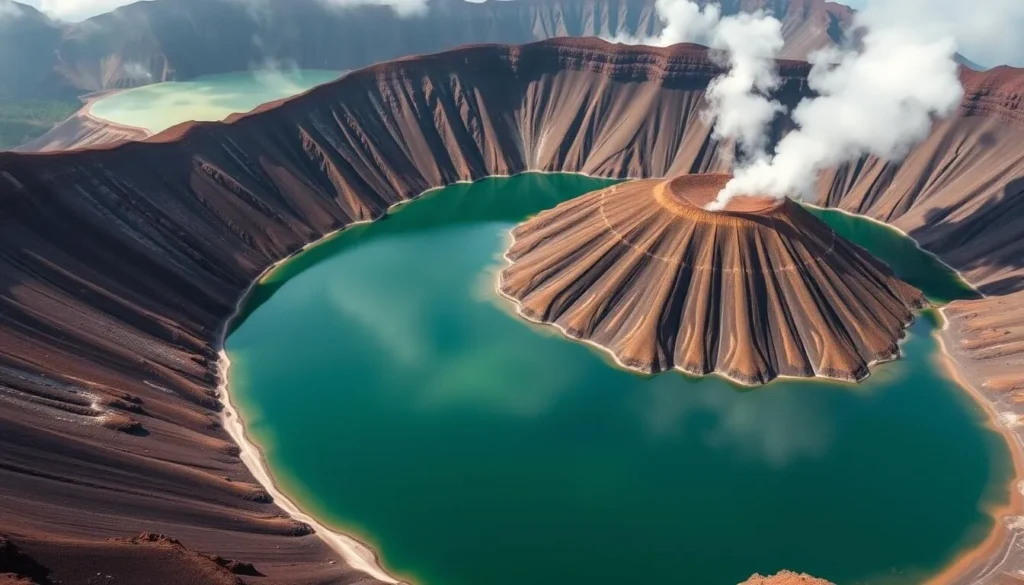 Close-up view of the three differently colored crater lakes at Kelimutu National Park Close-up view of the three differently colored crater lakes at Kelimutu National Park