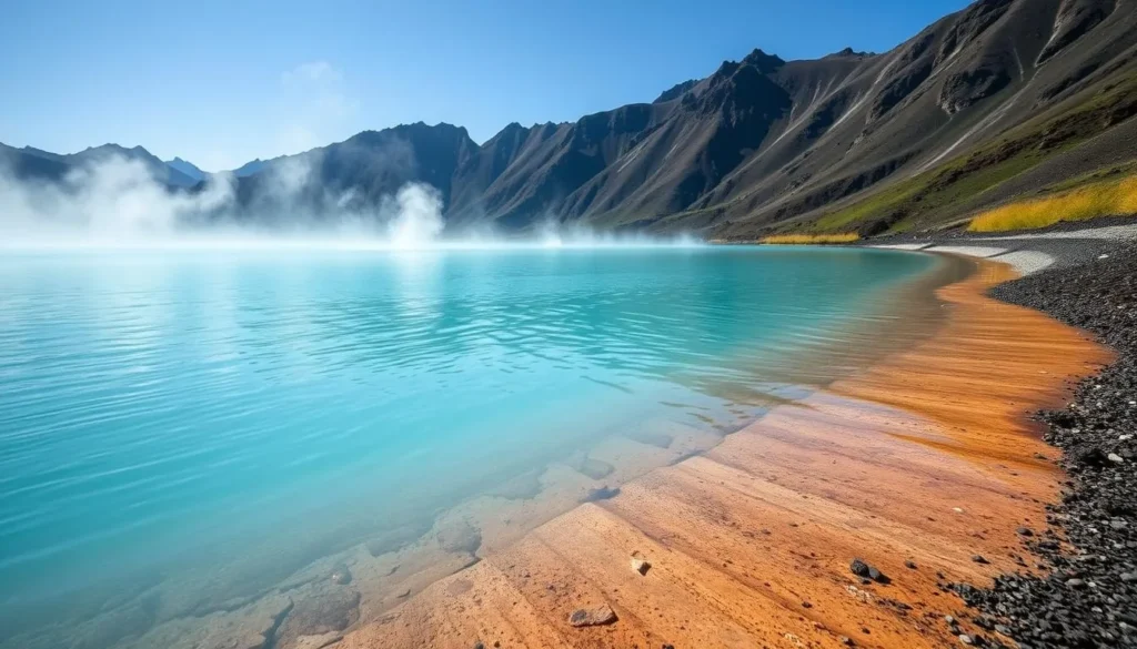Close-up view of the vibrant turquoise Tiwu Nua Muri Kooh Fai lake (Lake of Young Men and Maidens) at Kelimutu with steam rising from the surface