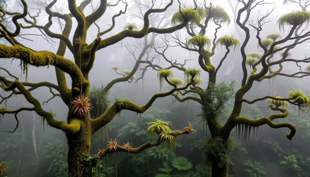 Cloud forest ecosystem in Montana de Botaderos Carlos Escaleras Mejia National Park with mist and epiphytes