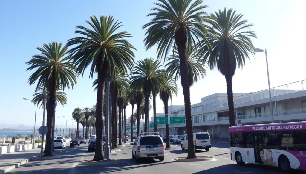 Coastal avenue in Antofagasta with palm trees and ocean view