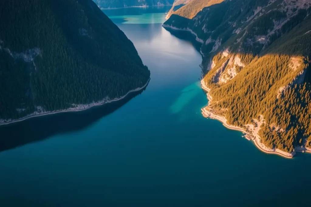 Coastal fjords of Pumalin Park Chile with forested mountains meeting the sea
