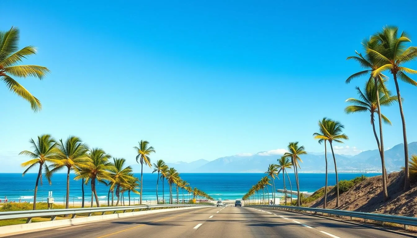 Coastal-highway-leading-to-Playas-Ecuador-with-palm-trees-and-ocean-views Coastal highway leading to Playas Ecuador with palm trees and ocean views