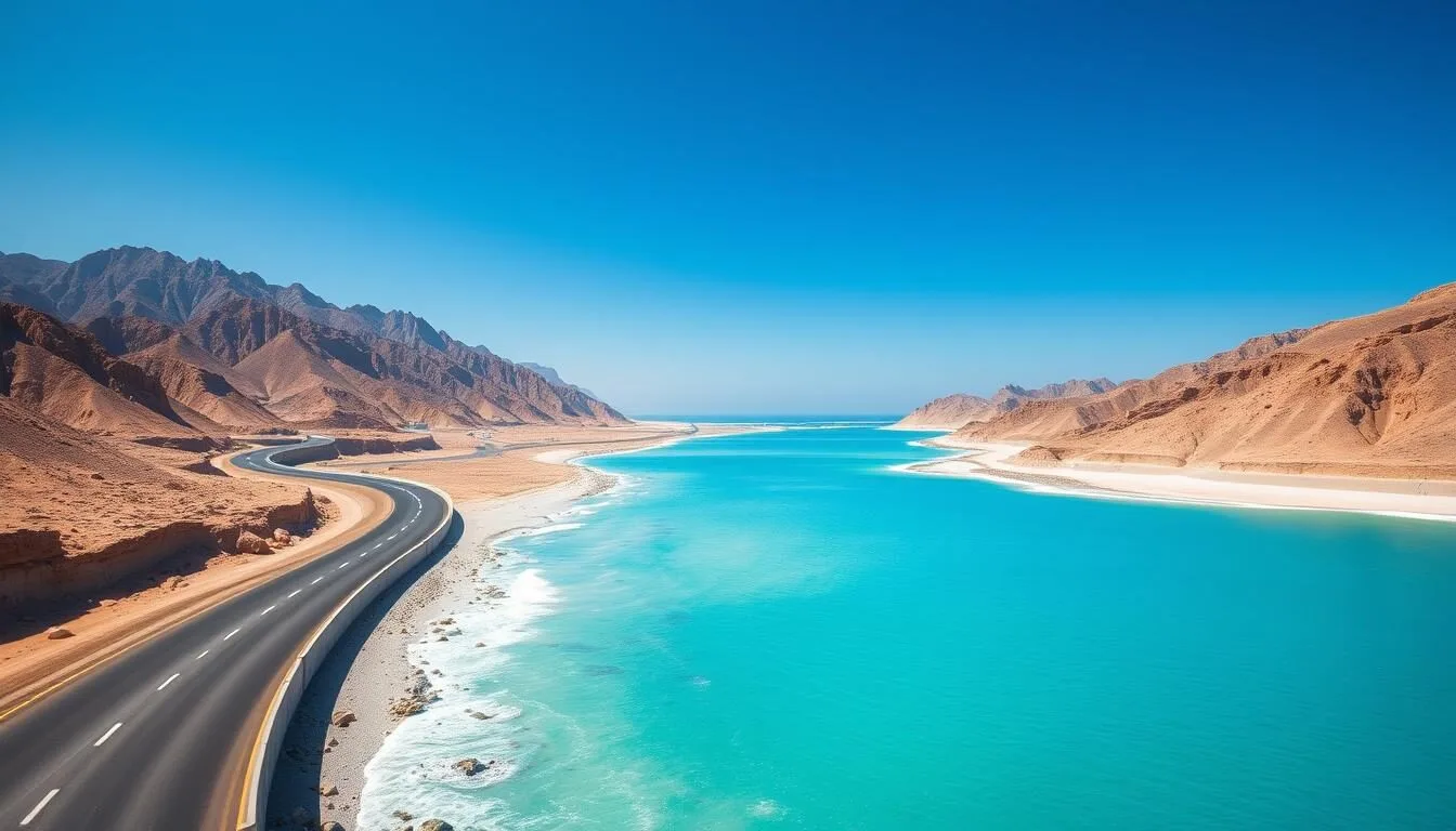 Coastal highway road leading to Sur, Oman with mountains in the background and the sea visible - Sur Oman things to do