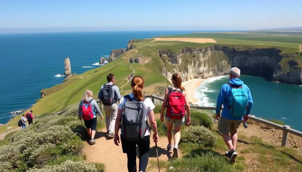 Coastal hiking path near Biarritz with diverse hikers enjoying ocean views