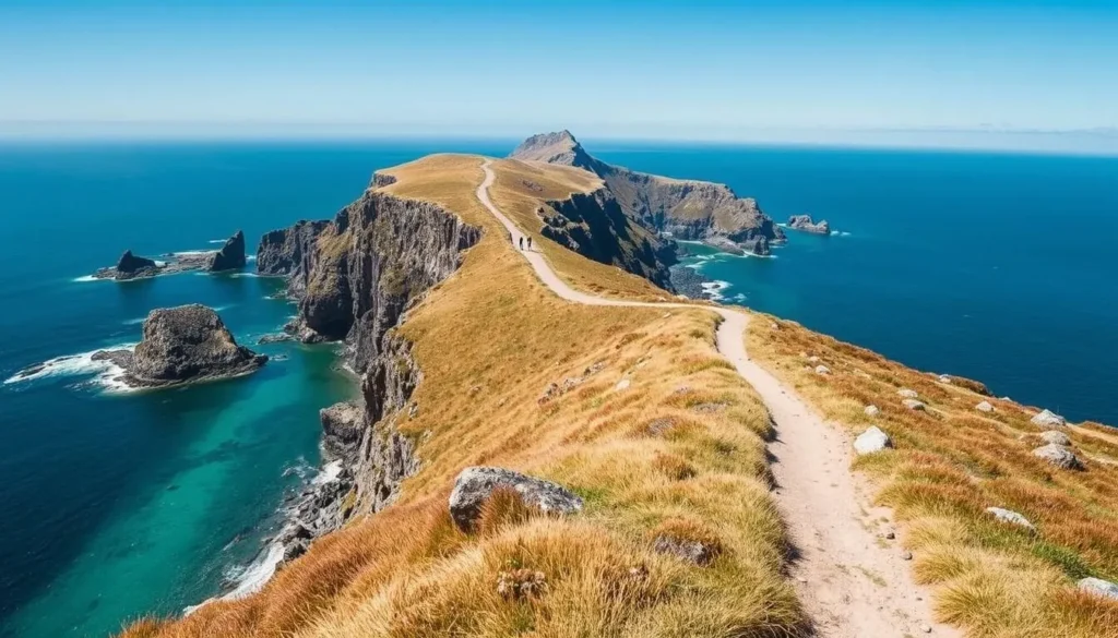 Coastal hiking trail on Bleaker Island with ocean views