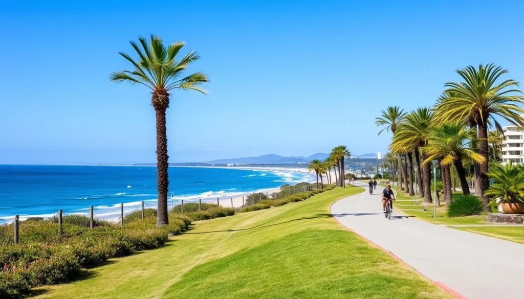 Coastal pathway along Peregian Beach Queensland with cyclists and pedestrians