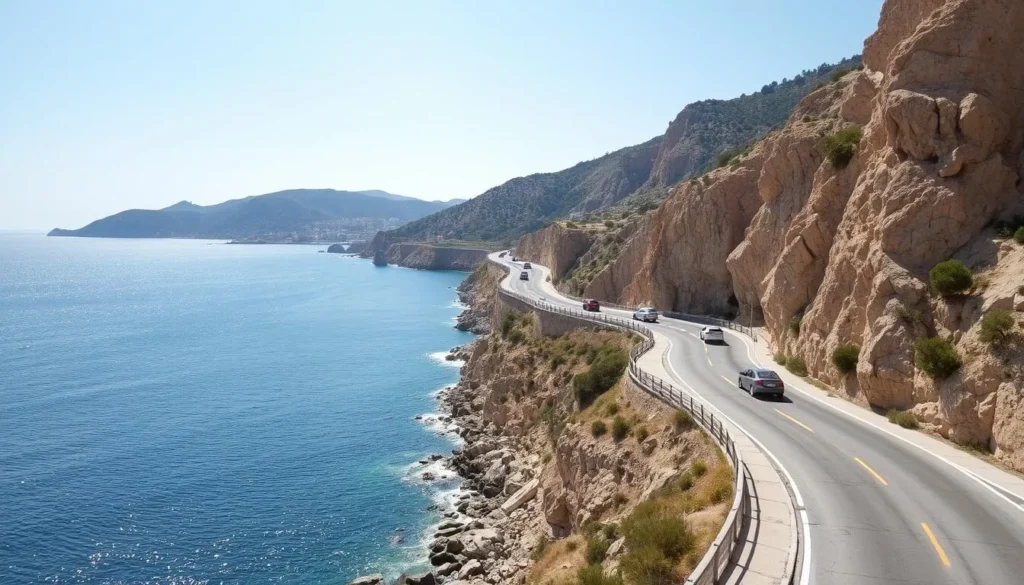 Coastal road along Chekka, Lebanon with cars driving alongside the Mediterranean Sea