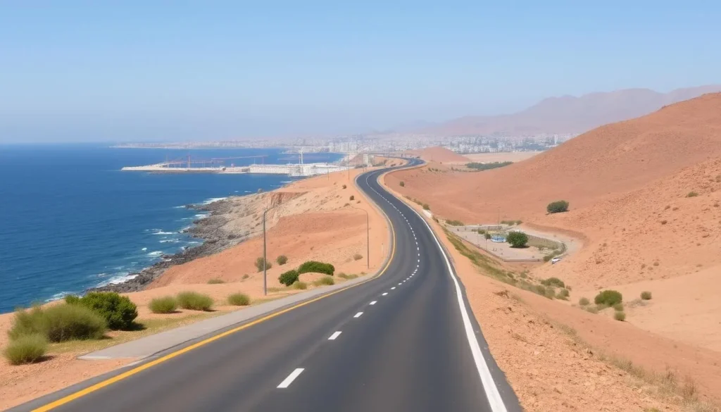 Coastal road approaching Safi Morocco with Atlantic Ocean views