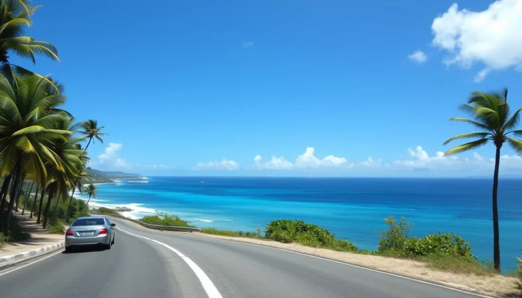 Coastal road in Guadeloupe with palm trees and ocean views