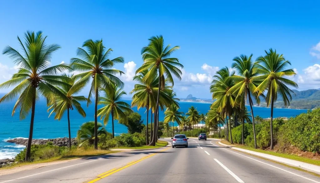 Coastal road in Saint Mary, Antigua with palm trees and ocean views