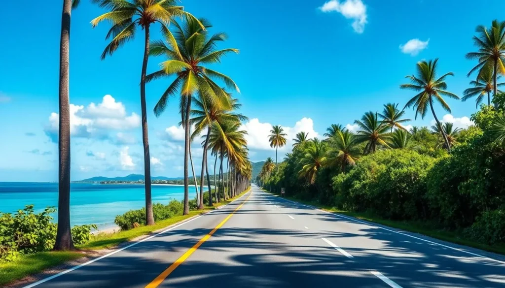 Coastal road in Wallis and Futuna with palm trees and ocean views