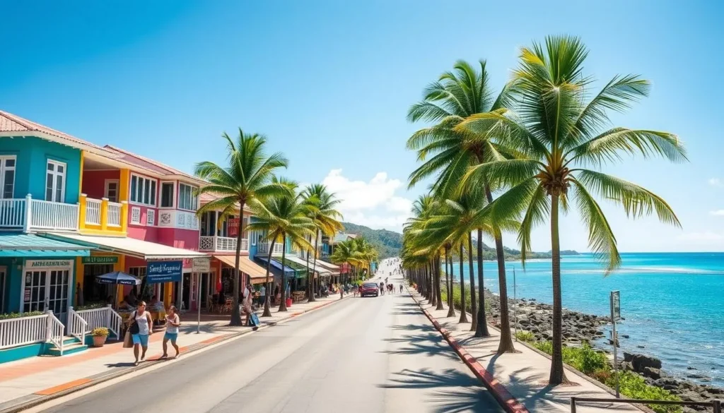 Coastal road leading to Saint Lawrence Gap with colorful buildings and Caribbean Sea views Coastal road leading to Saint Lawrence Gap with colorful buildings and Caribbean Sea views