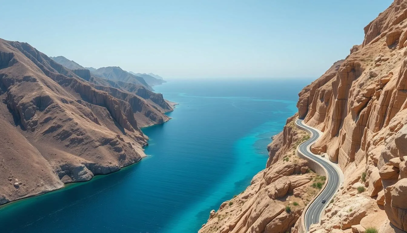 Coastal road to Musandam, Oman with dramatic cliffs and turquoise waters