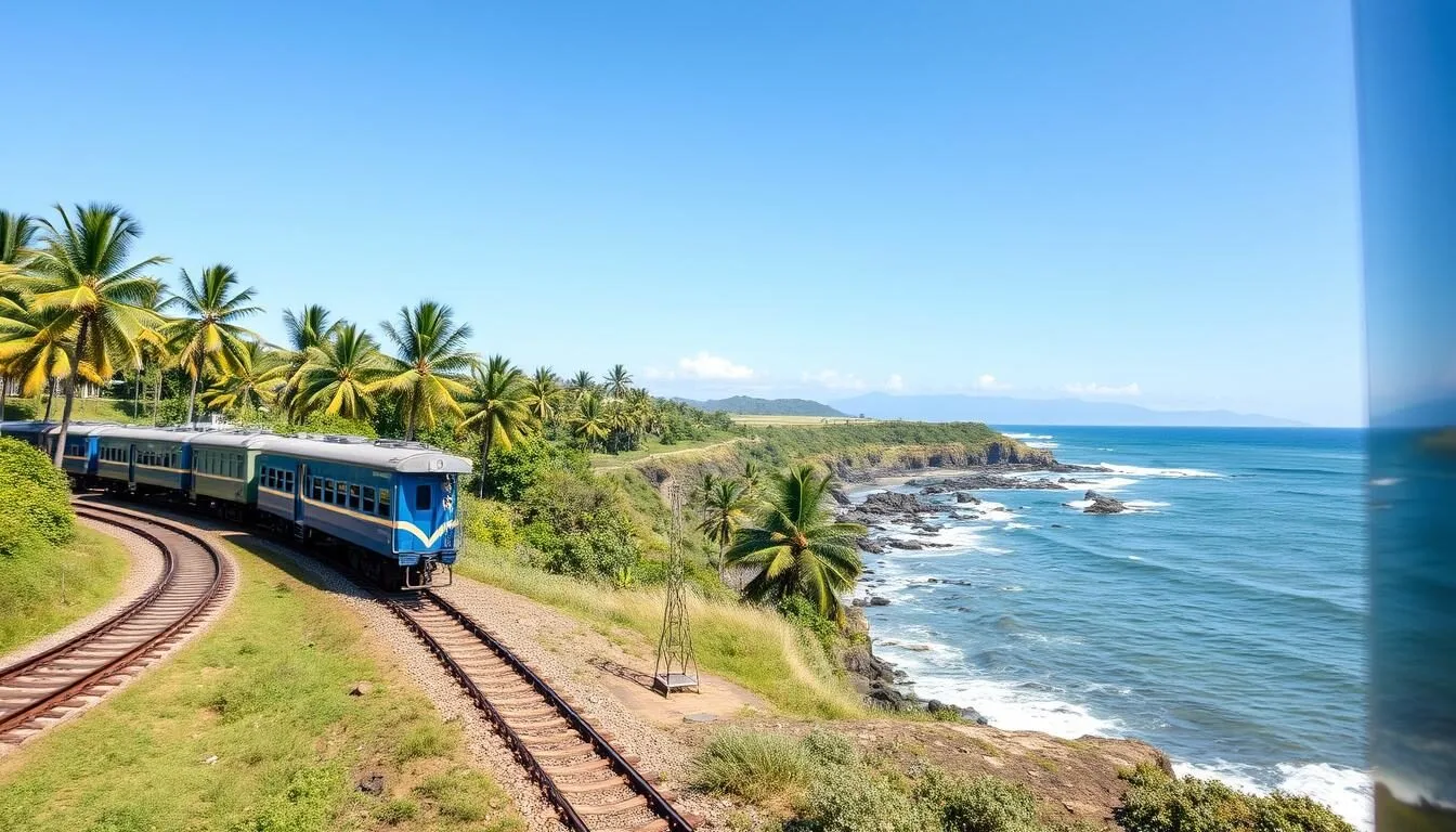 Coastal train journey to Unawatuna, Sri Lanka with scenic ocean views
