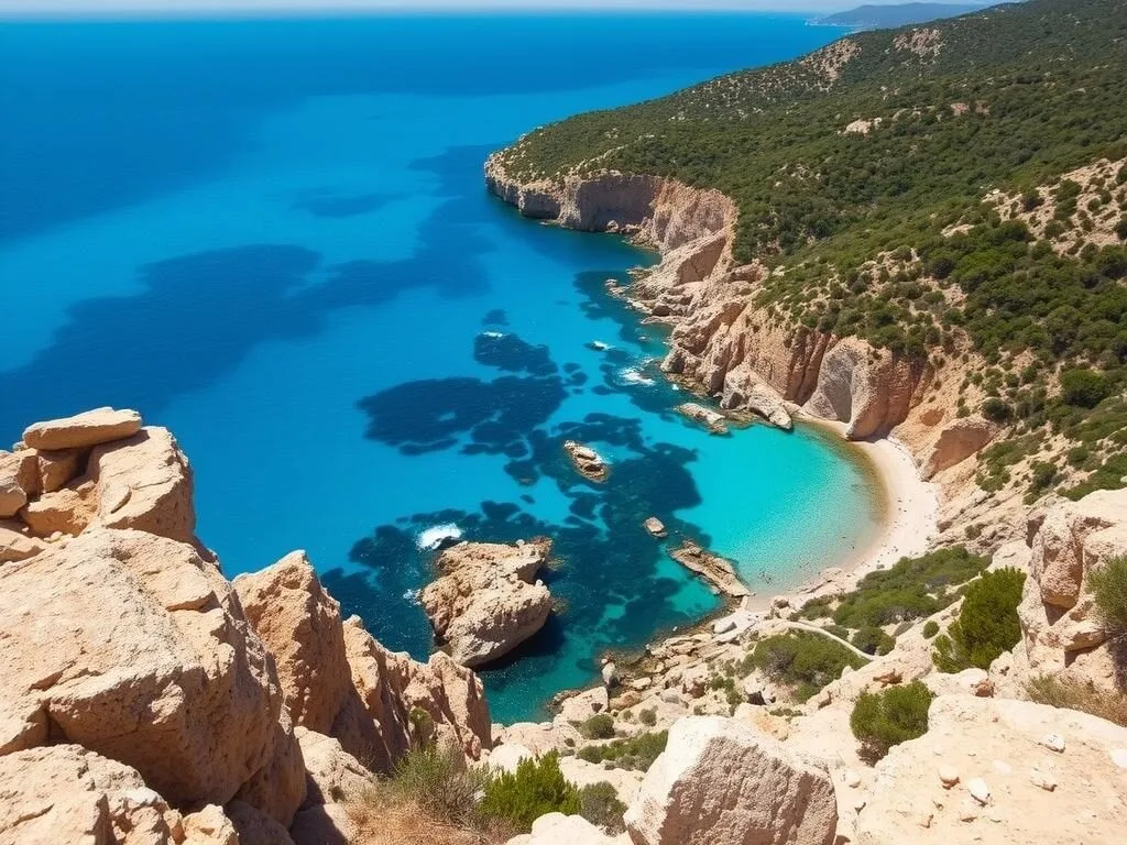 Coastal view of Cap Negro showing clear Mediterranean waters and rocky shoreline