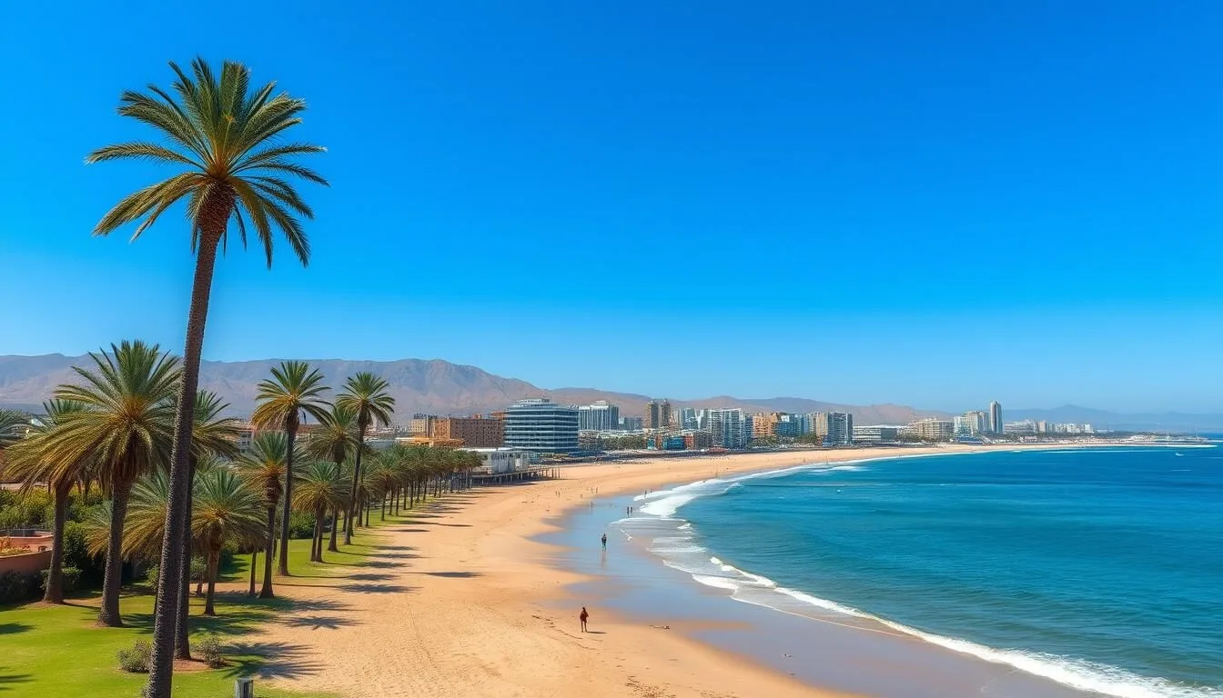 Coastal view of Mohammedia, Morocco showing the beach and city skyline