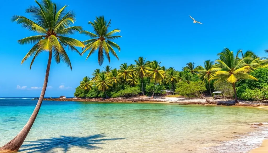 Coastal view of Nagadeepa Island with palm trees and clear waters