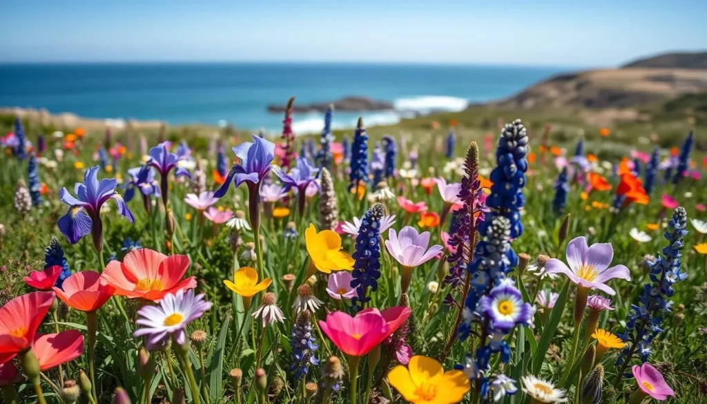 Coastal wildflowers blooming at Manchester State Park with the Pacific Ocean in the background