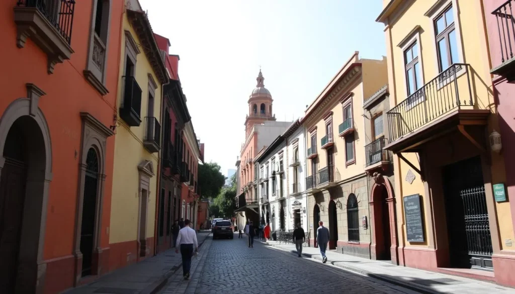 Cobblestone streets in the historic center of Coyoacan with colorful buildings