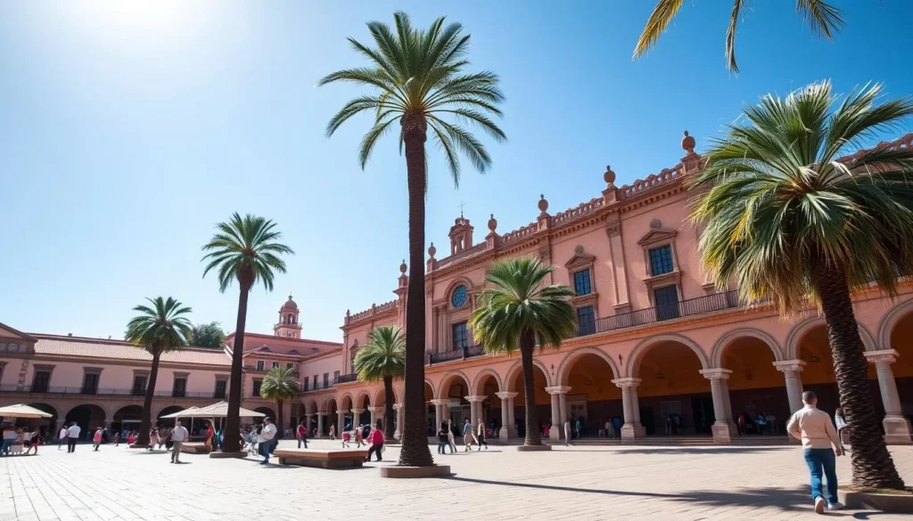 Cochabamba's main plaza with palm trees and clear blue skies during dry season