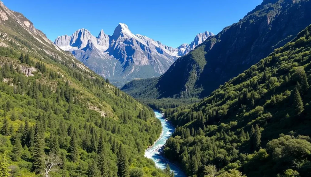 Cochamo Valley in summer with clear skies, green forests and granite walls